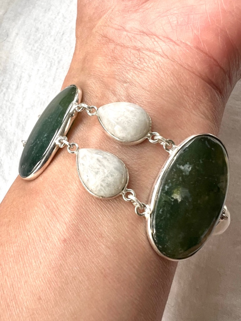 925 Earth Stone MOSS AGATE + Rainbow Moonstone Bracelet 7”-8.5” - Picture 4 of 12
